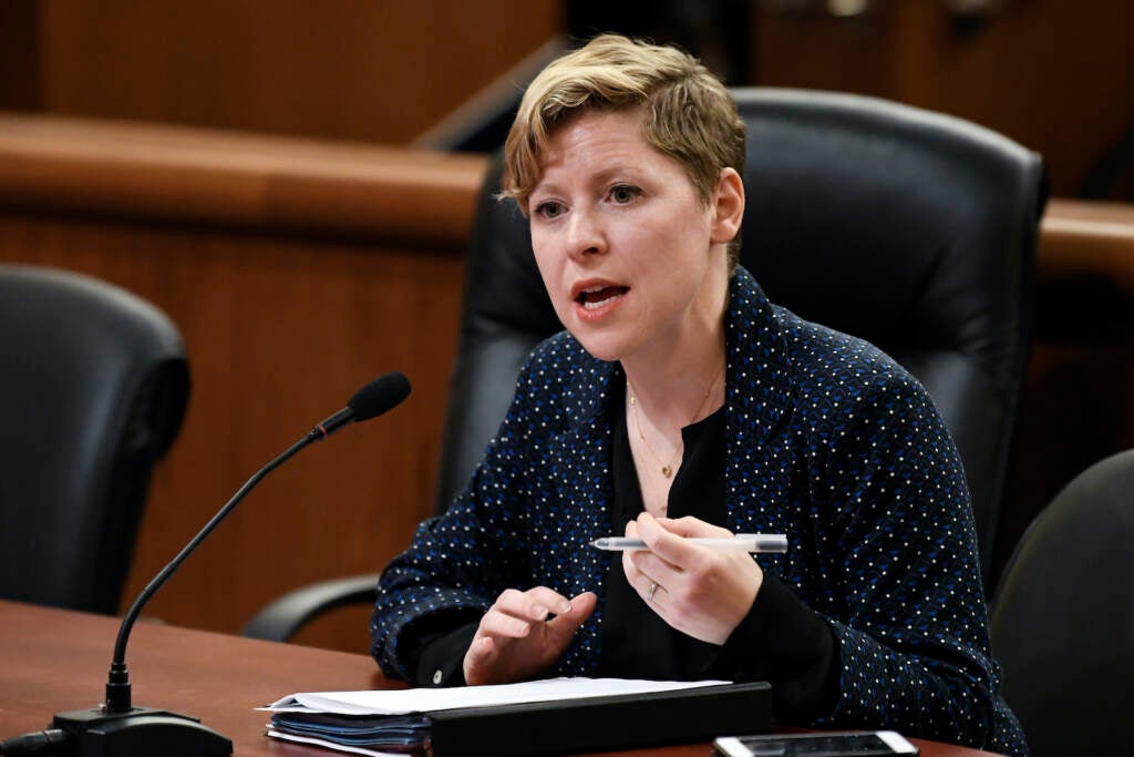 Dana Sussman speaks to New York state legislators during a public hearing on sexual harassment in the workplace