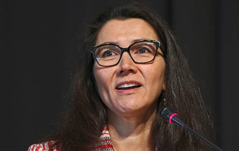 Mary Peltola, a Democrat, speaks during a forum for U.S. House candidates on May 12 in Anchorage, Alaska. (Mark Thiessen/AP)