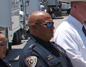 Uvalde School Police Chief Pete Arredondo stands during a news conference outside of the Robb Elementary school on May 26 in Uvalde, Texas. (Dario Lopez-Mills/AP)