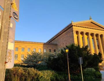 A view of the Art Museum at sunset.