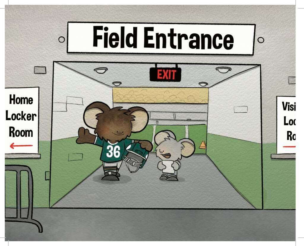 A page of a children's book shows a mouse walking down the field entrance of.a football stadium