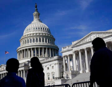 The U.S. Capitol is shown from afar on a sunny day.