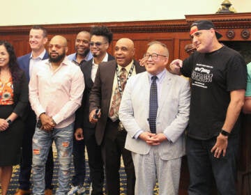 City officials, musicians, and judges gathered at City Hall to discuss the returning PHL LIVE Center Stage competition on Aug. 15, 2022. (Cory Sharber/WHYY)
