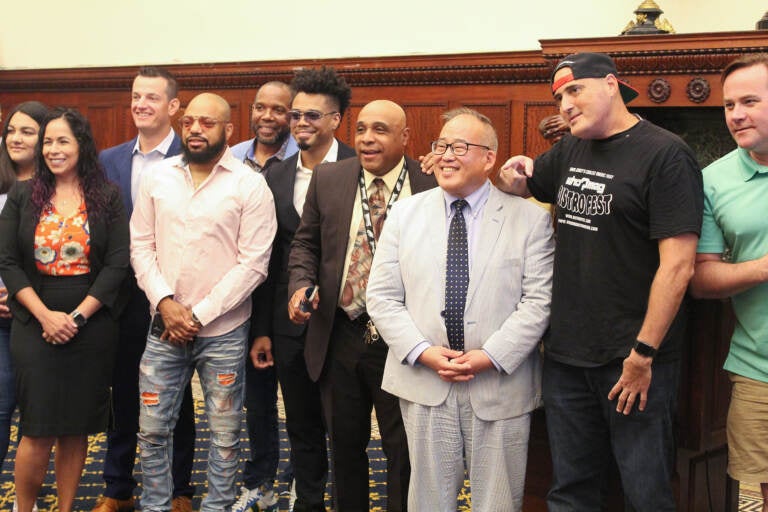 City officials, musicians, and judges gathered at City Hall to discuss the returning PHL LIVE Center Stage competition on Aug. 15, 2022. (Cory Sharber/WHYY)