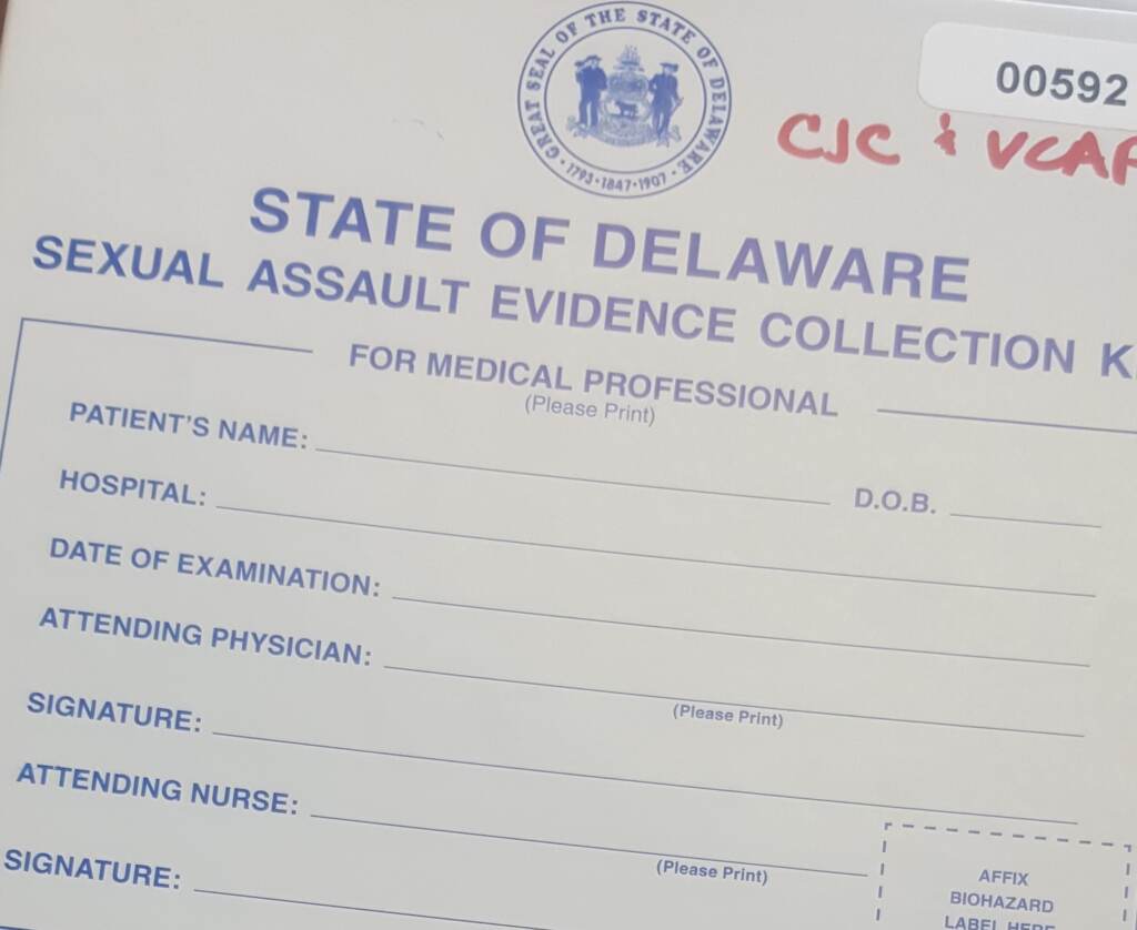 A close-up of a form that reads State of Delaware, Sexual Assault Evidence Collection.