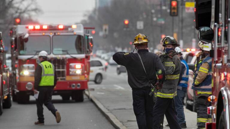 Firefighters are pictured at the scene of a fire in Philadelphia