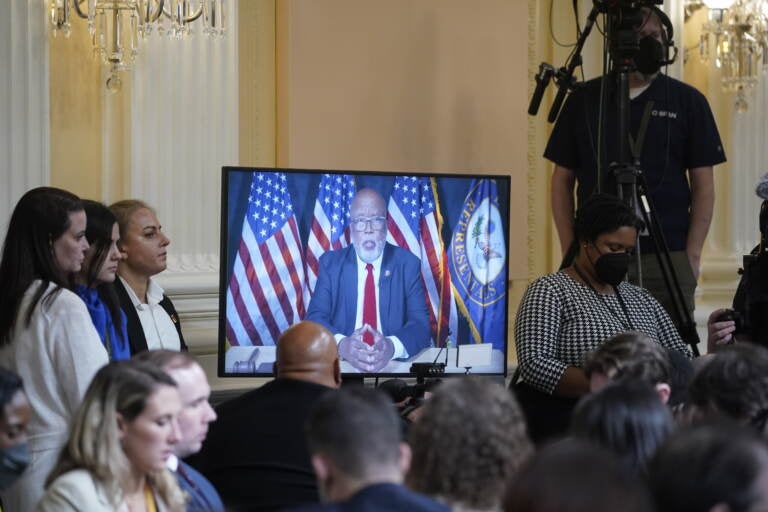 Rep. Bennie Thompson, chair of the Jan. 6 Committee, speaks virtually during a hearing on July 21.
(Bloomberg via Getty Images)