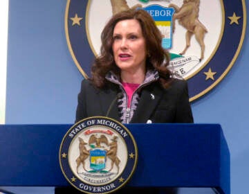 FILE - Michigan Gov. Gretchen Whitmer speaks at a news conference on March 11, 2022, at the governor's office in Lansing, Mich. Two men accused of crafting a plan to kidnap Whitmer in 2020 and ignite a national rebellion are facing a second trial with jury selection starting Tuesday, Aug. 9, 2022, months after a jury couldn't reach a verdict on the pair while acquitting two others in the case. (AP Photo/David Eggert, File)