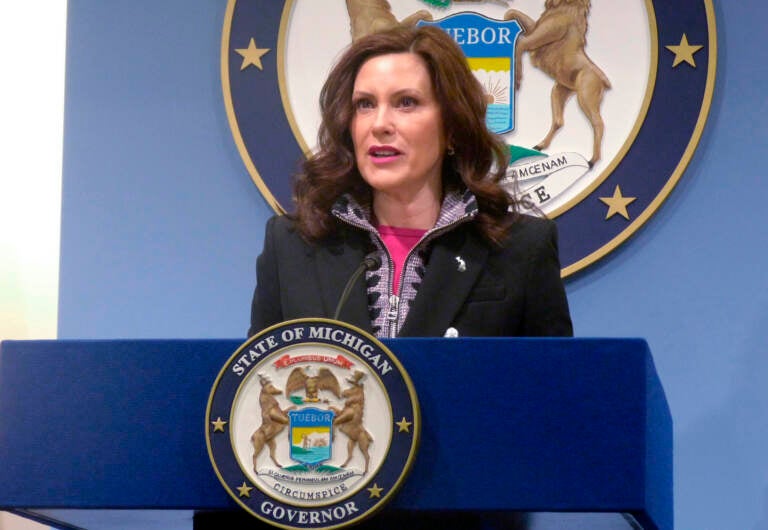 FILE - Michigan Gov. Gretchen Whitmer speaks at a news conference on March 11, 2022, at the governor's office in Lansing, Mich. Two men accused of crafting a plan to kidnap Whitmer in 2020 and ignite a national rebellion are facing a second trial with jury selection starting Tuesday, Aug. 9, 2022, months after a jury couldn't reach a verdict on the pair while acquitting two others in the case. (AP Photo/David Eggert, File)