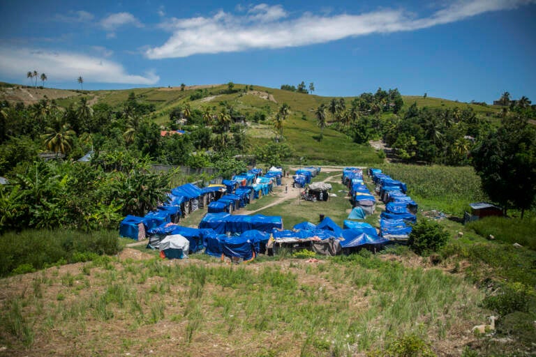 Blue tarps covering makeshift homes are visible in the distance in a green field.