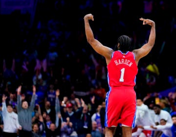 Philadelphia 76ers' James Harden reacts during the second half of Game 4 of an NBA basketball second-round playoff series against the Miami Heat, Sunday, May 8, 2022, in Philadelphia. (AP Photo/Matt Slocum)