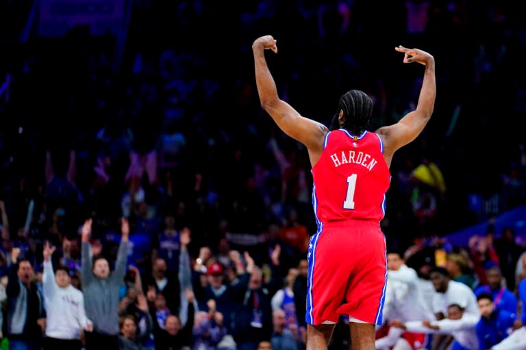 Philadelphia 76ers' James Harden reacts during the second half of Game 4 of an NBA basketball second-round playoff series against the Miami Heat, Sunday, May 8, 2022, in Philadelphia. (AP Photo/Matt Slocum)