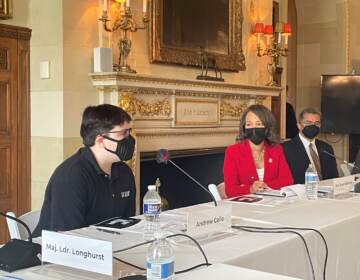 One person speaks into a microphone as two other people seated on the panel are turned towards them to listen.