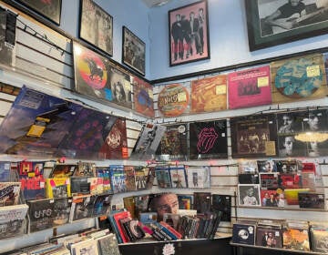 A corner of Main Street Music shows records on display