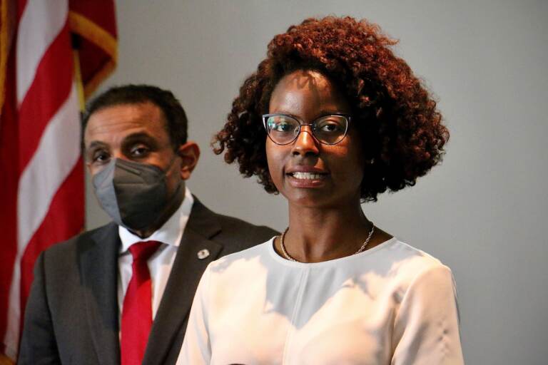 School District of Philadelphia Superintendent Tony B. Watlington Sr. wears a mask during a press conference on August 12, 2022, at district headquarters while School System Medical Officer Dr. Kendra B. McDow explains the district’s COVID-19 safety plan for the coming school year.