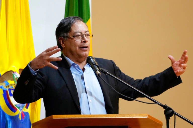 Colombia's President-elect Gustavo Petro speaks to students at Externado University in Bogota, Colombia, Tuesday, July 26, 2022. Petro gave a talk to students at his alma mater where he studied economics, ahead of his Aug. 7 inauguration.