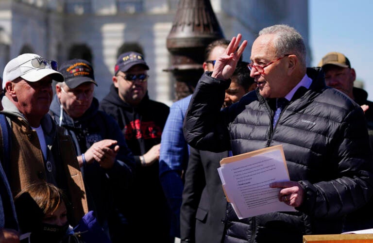 Senate Majority Leader Chuck Schumer of N.Y., speaks at a press conference on the PACT Act to benefit burn pit victims on Capitol Hill, Tuesday, March 29, 2022, in Washington.