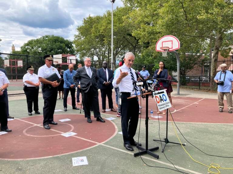 DA Larry Krasner speaking at Shepard Rec Center in West Philly on August 17, 2022. (Sammy Caiola / WHYY)