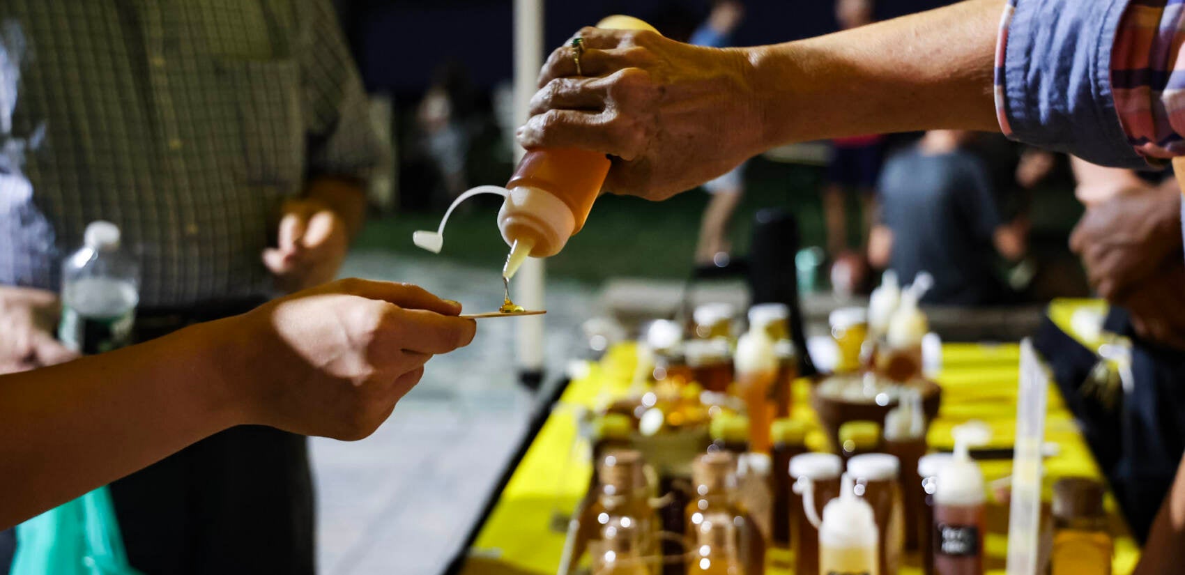 Children at the Philadelphia Honey Festival feed honey bees sugar water. (Kimberly Paynter/WHYY)