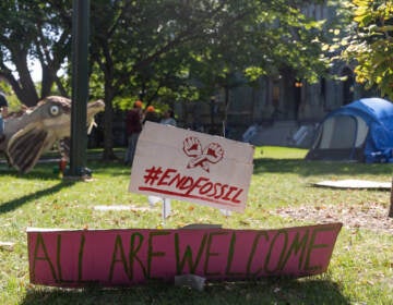 Protesters demanding the University of Pennsylvania divest from fossil fuel companies formed an encampment outside the school's administration building, camping into the morning of September 15, 2022.(Kimberly Paynter/WHYY)