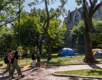 File photo: Protesters demanding the University of Pennsylvania divest from fossil fuel companies formed an encampment outside the schools administration building, camping into the morning of September 15, 2022.(Kimberly Paynter/WHYY)