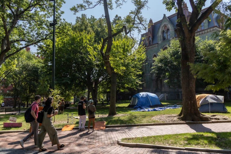 File photo: Protesters demanding the University of Pennsylvania divest from fossil fuel companies formed an encampment outside the schools administration building, camping into the morning of September 15, 2022.(Kimberly Paynter/WHYY)