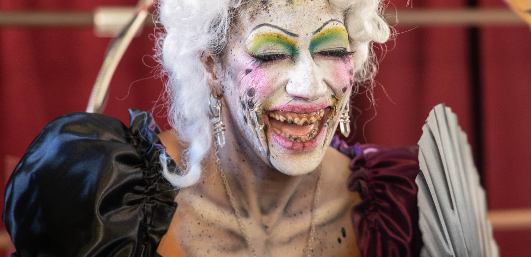 One of Eastern State Penitentiary’s 200 performers cackled for the cameras at the Halloween Nights Festival preview on Sept. 20, 2022. (Kimberly Paynter/WHYY)