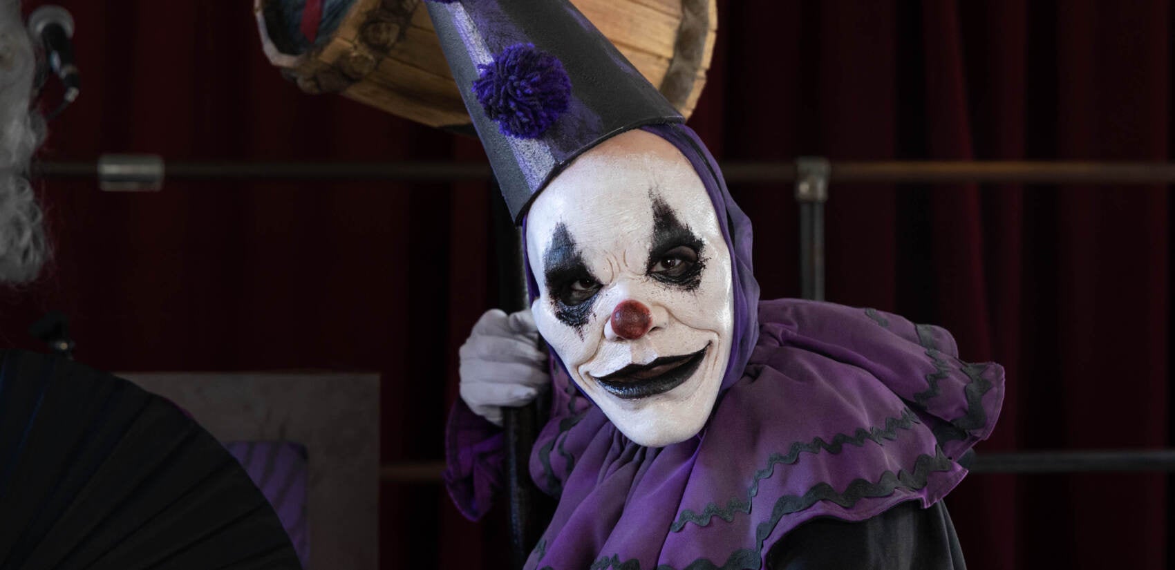 File photo: One of the clowns at Eastern State Penitentiary's ''Big Top Terror'' attraction poses menacingly. (Kimberly Paynter/WHYY)