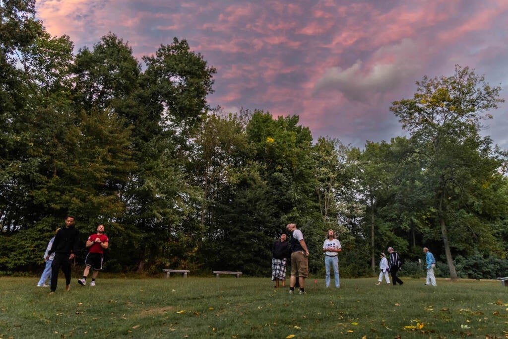 A group of people look up towards a sunset-streaked sky in a green field.