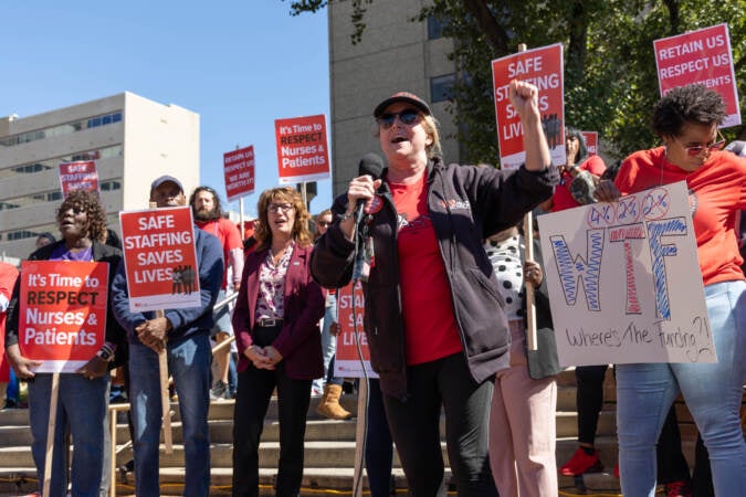 PASNAP president Maureen May joined Temple University Hospital nurses at a rally to raise awareness about issue of recruiting, retention and pay disparity on Sept.23, 2022. (Kimberly Paynter/WHYY)