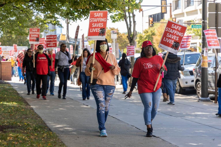 File photo: Nurses at Temple University Hospital in Philadelphia picketed on Broad Street during negotiations of a 3-year contract to raise awareness about issues of recruiting, retention and pay disparity, on Sept. 23, 2022. (Kimberly Paynter/WHYY)