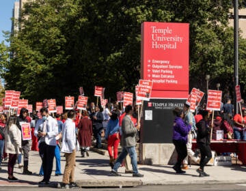 File photo: Nurses at Temple University Hospital in Philadelphia picketed on Broad Street during negotiations of a 3-year contract to raise awareness about issues of recruiting, retention and pay disparity, on Sept. 23, 2022. (Kimberly Paynter/WHYY)