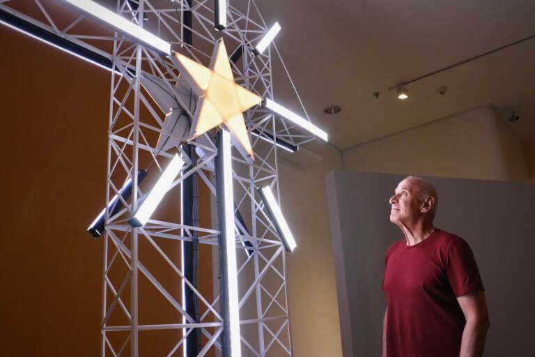 Artist-in-residence Shimon Attie created an 11-foot-tall replica of Bethlehem's 90-toot Star Tower for his exhibit at Lehigh University Art Galleries. (Emma Lee/WHYY)