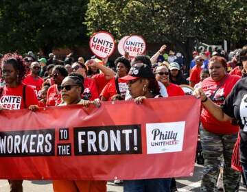 Members of Philadelphia labor unions marched down Delaware Avenue at the annual Labor Day Parade, September 5, 2022. (Kimberly Paynter/WHYY)