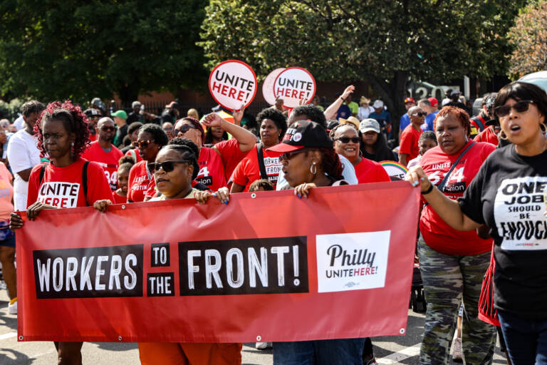 Members of Philadelphia labor unions marched down Delaware Avenue at the annual Labor Day Parade, September 5, 2022. (Kimberly Paynter/WHYY)