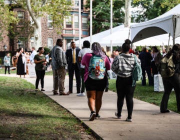 Rutgers University-Camden students and faculty descended on the school’s quad for a convocation celebration. (Kimberly Paynter/WHYY)