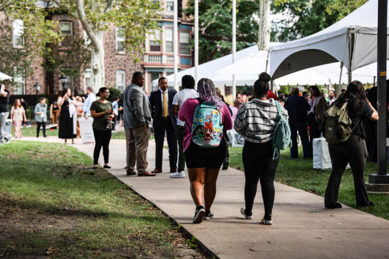 Rutgers University-Camden students and faculty descended on the school’s quad for a convocation celebration. (Kimberly Paynter/WHYY)