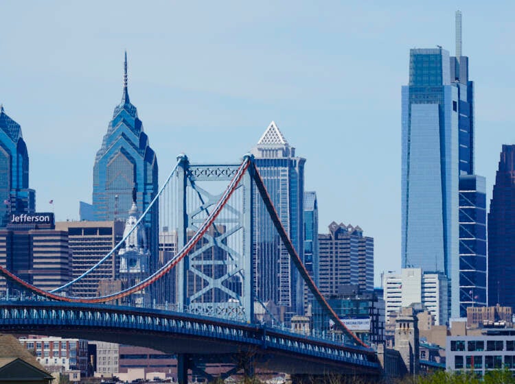 Shown is the Benjamin Franklin Bridge and the Philadelphia skyline as seen from the Cramer Hill Waterfront Park in Camden, N.J., Wednesday, April 20, 2022.