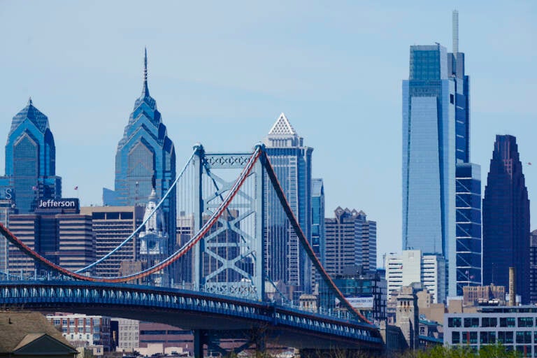 Shown is the Benjamin Franklin Bridge and the Philadelphia skyline as seen from the Cramer Hill Waterfront Park in Camden, N.J., Wednesday, April 20, 2022. (AP Photo/Matt Rourke)