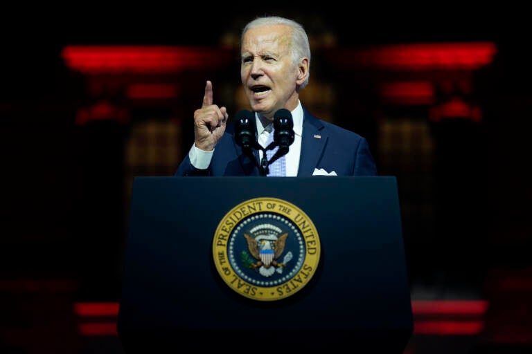 President Joe Biden speaks outside Independence Hall, Thursday, Sept. 1, 2022, in Philadelphia. (AP Photo/Evan Vucci)