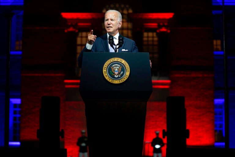 President Joe Biden speaks outside Independence Hall, Thursday, Sept. 1, 2022, in Philadelphia. (AP Photo/Evan Vucci)