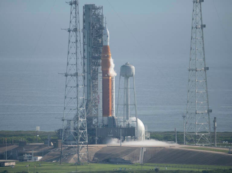 NASA's new moon rocket sits on Launch Pad 39-B hours ahead of a planned launch at the Kennedy Space Center Saturday, Sept. 3, 2022, in Cape Canaveral, Fla. (Joel Kowsky/NASA via AP)