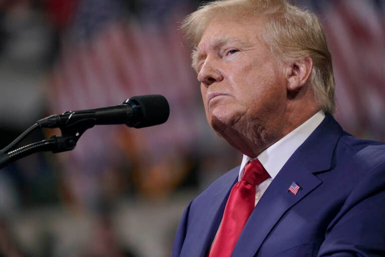 Former President Donald Trump speaks at a rally in Wilkes-Barre, Pa., Saturday, Sept. 3, 2022. (AP Photo/Mary Altaffer)