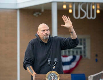 Pa. Lt. Gov. and senatorial candidate John Fetterman speaks to a crowd gathered at a United Steel Workers of America Labor Day event with President Joe Biden in West Mifflin, Pa., just outside Pittsburgh, Monday Sept. 5, 2022. (AP Photo/Rebecca Droke)