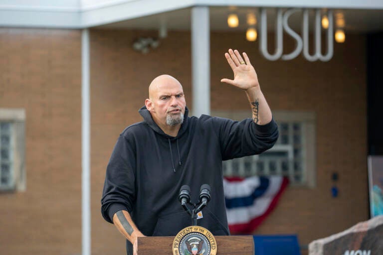 Pa. Lt. Gov. and senatorial candidate John Fetterman speaks to a crowd gathered at a United Steel Workers of America Labor Day event with President Joe Biden in West Mifflin, Pa., just outside Pittsburgh, Monday Sept. 5, 2022. (AP Photo/Rebecca Droke)