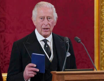 King Charles III makes his declaration during the Accession Council at St James's Palace, London, Saturday, Sept. 10, 2022, where he is formally proclaimed monarch. (Jonathan Brady/Pool Photo via AP)