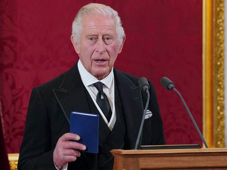 King Charles III makes his declaration during the Accession Council at St James's Palace, London, Saturday, Sept. 10, 2022, where he is formally proclaimed monarch. (Jonathan Brady/Pool Photo via AP)