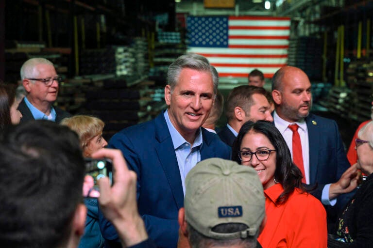 House Minority leader Kevin McCarthy (R-Calif.) greets supporters at DMI Companies in Monongahela, Pa., Friday, Sept. 23, 2022.  (AP Photo/Barry Reeger)