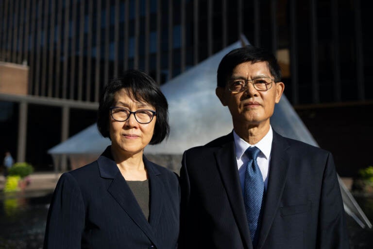 Prof. Xiaoxing Xi and his wife before entering the courthouse on September 14, 2022. (Hannah Beier for the ACLU)