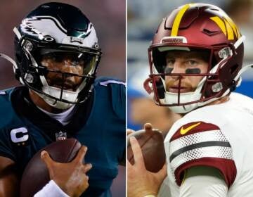 Philadelphia Eagles quarterback Jalen Hurts and Washington Commanders quarterback Carson Wentz (AP Photo/Matt Rourke and Rick Osentoski)